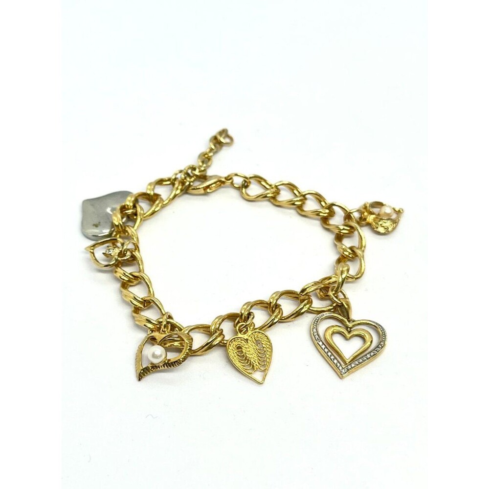 Vintage Charm Bracelet Hearts Gold Silver Tone Mixed Charms Dainty Layered 7.25”